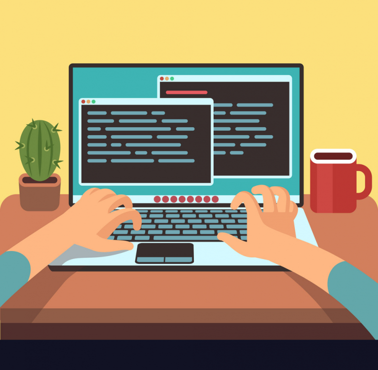 Person programmer working on pc laptop with program code on screen. Coding and programming vector concept