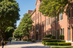 brick-building-with-tree-lined-street-sign-that-says-college-business