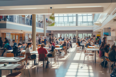 A bustling school cafeteria during lunchtime