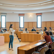 Cheerful teacher and students during lecture