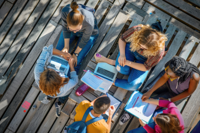 top view of multiethnic group of students studying together — AI Generated